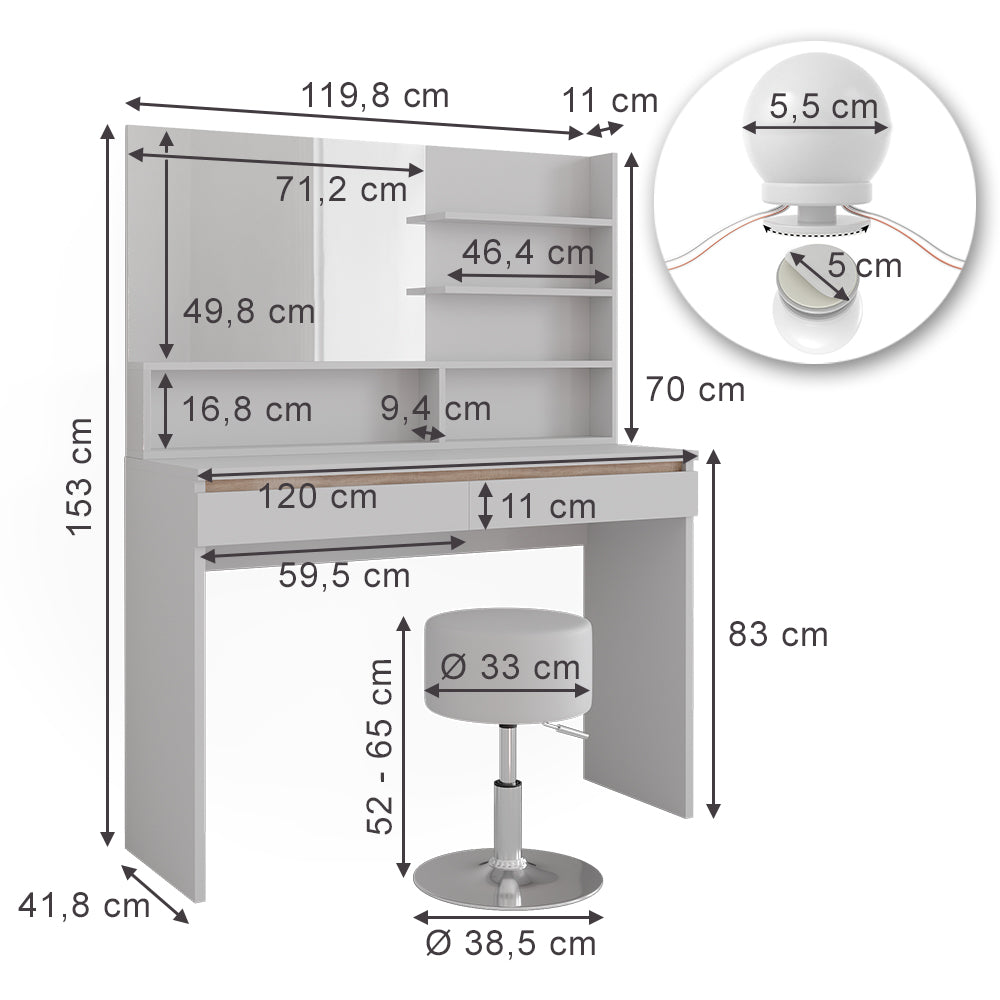 Vicco Tavolino da toilette Bianco 120 cm con ripiano a specchio, sgabello e illuminazione a LED