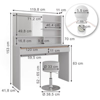 Vicco Tavolino da toilette Bianco 120 cm con ripiano a specchio, sgabello e illuminazione a LED