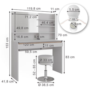 Vicco Tavolino da toilette Bianco 120 cm con ripiano a specchio, sgabello e illuminazione a LED