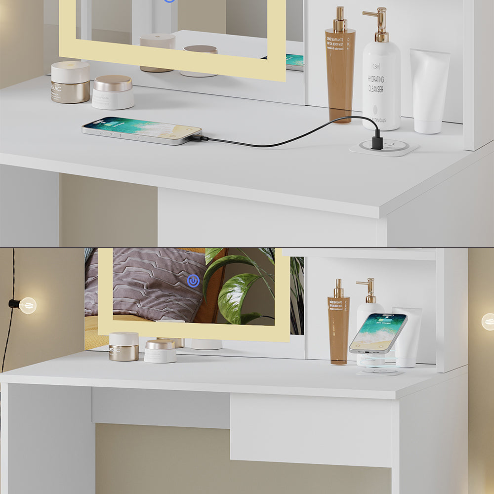 Vicco Tavolo da toeletta Bianco 75 cm con specchio a LED e stazione di ricarica QI