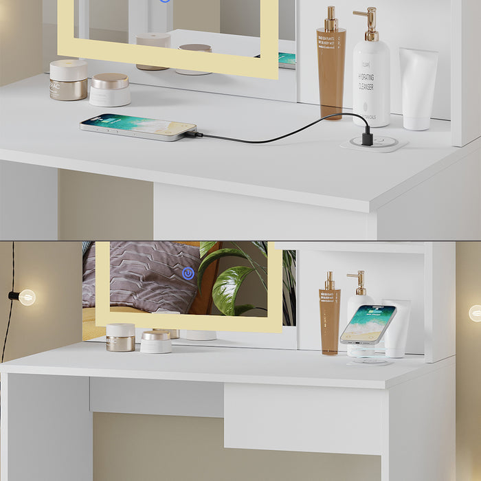 Vicco Tavolo da toeletta Bianco 75 cm con specchio a LED e stazione di ricarica QI