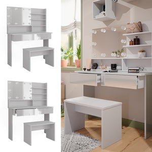 Vicco Tavolo da toeletta Bianco 120 cm con ripiano a specchio, panca e illuminazione a LED