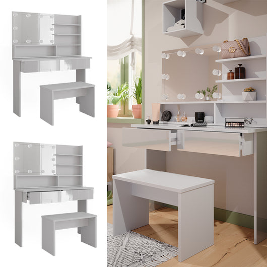 Vicco Tavolo da toeletta Bianco 120 cm con ripiano a specchio, panca e illuminazione a LED