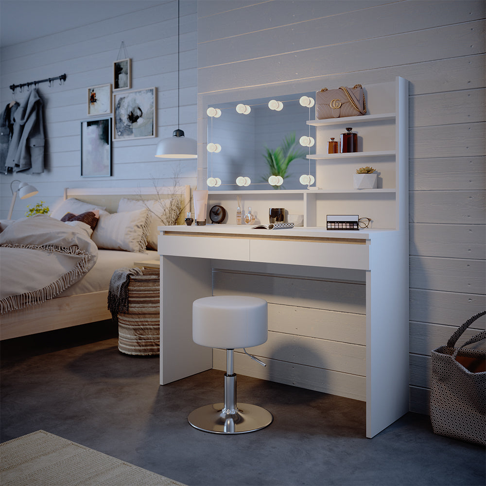 Vicco Tavolino da toilette Bianco 120 cm con ripiano a specchio, sgabello e illuminazione a LED