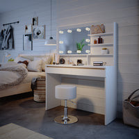 Vicco Tavolino da toilette Bianco 120 cm con ripiano a specchio, sgabello e illuminazione a LED