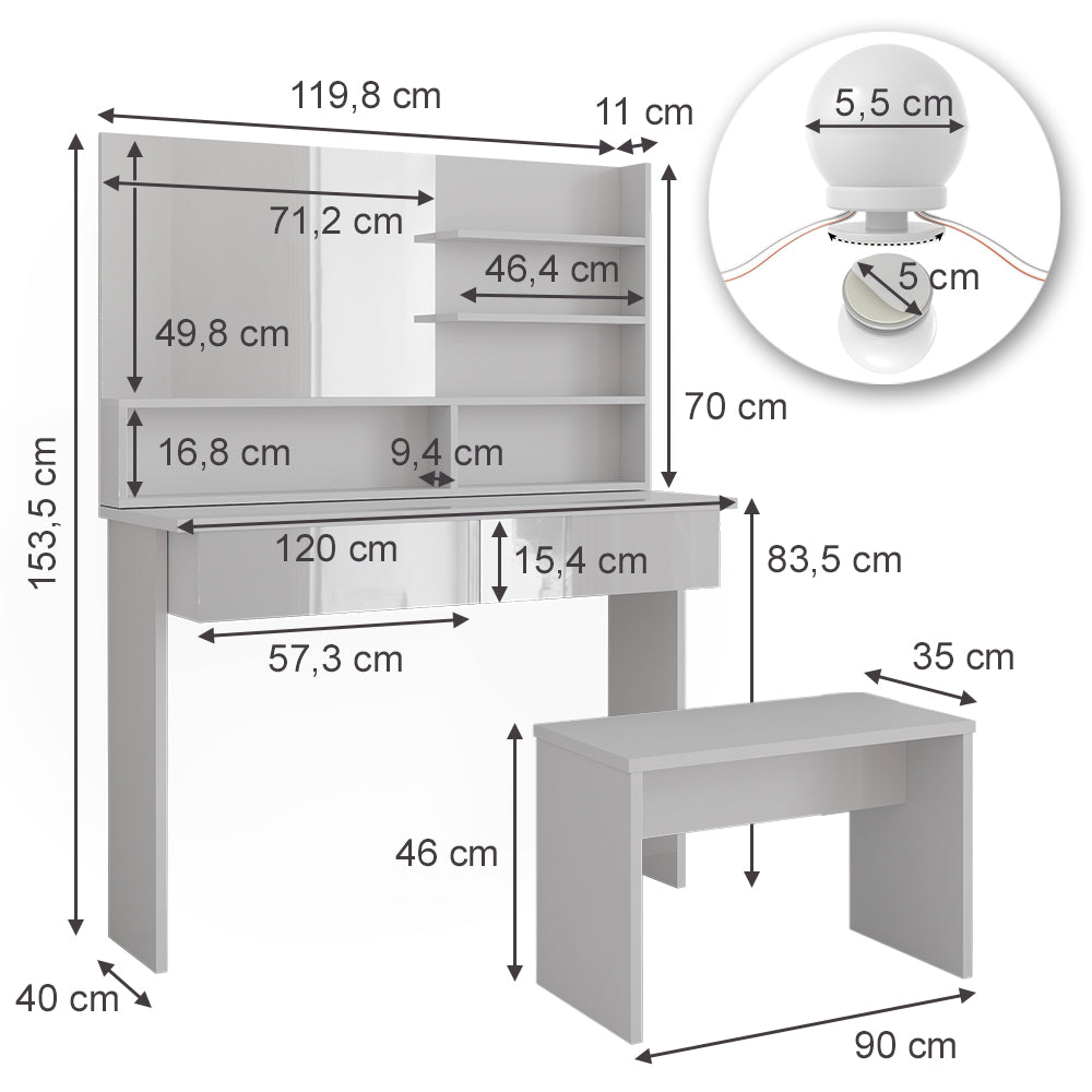 Vicco Tavolo da toeletta Bianco 120 cm con ripiano a specchio, panca e illuminazione a LED