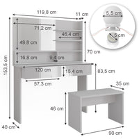 Vicco Tavolo da toeletta Bianco 120 cm con ripiano a specchio, panca e illuminazione a LED