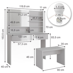 Vicco Tavolo da toeletta Bianco 120 cm con ripiano a specchio, panca e illuminazione a LED