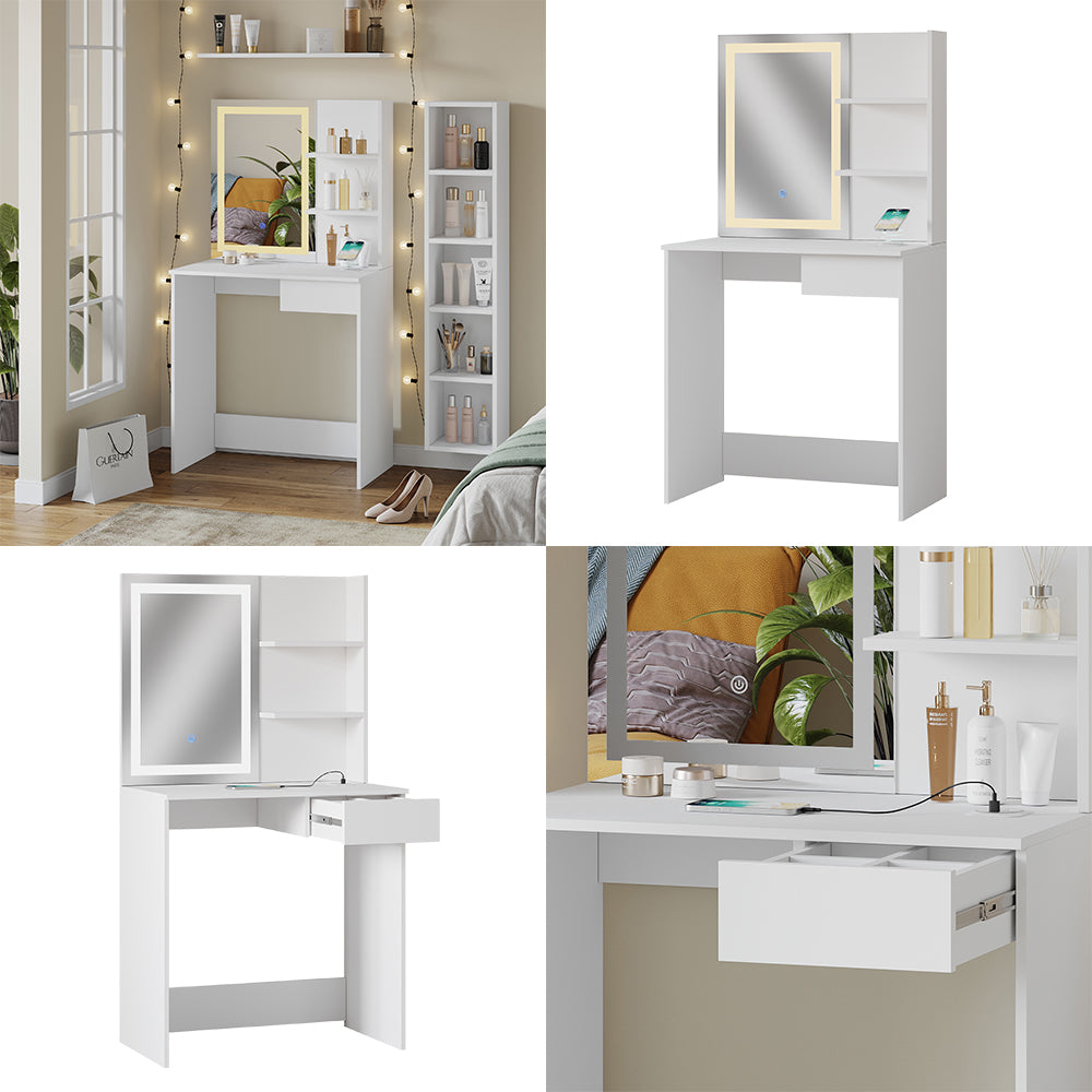 Vicco Tavolo da toeletta Bianco 75 cm con specchio a LED e stazione di ricarica QI