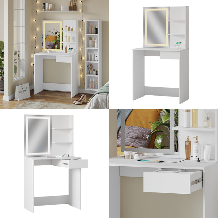 Vicco Tavolo da toeletta Bianco 75 cm con specchio a LED e stazione di ricarica QI