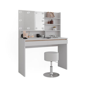 Vicco Tavolino da toilette Bianco 120 cm con ripiano a specchio, sgabello e illuminazione a LED