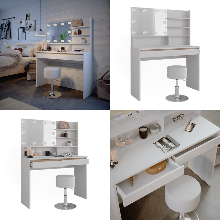 Vicco Tavolino da toilette Bianco 120 cm con ripiano a specchio, sgabello e illuminazione a LED