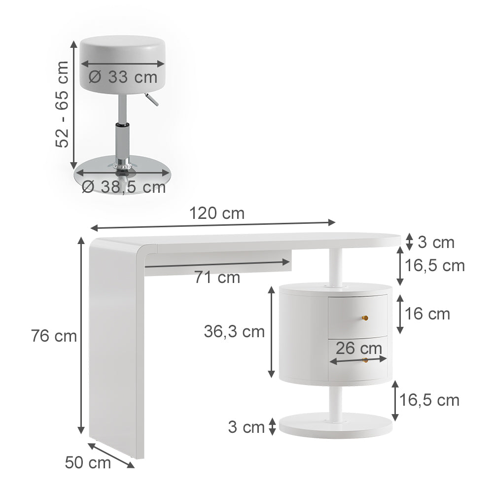 Vicco Tavolo da toeletta Bianco 120 cm con sgabello
