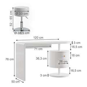 Vicco Tavolo da toeletta Bianco 120 cm con sgabello