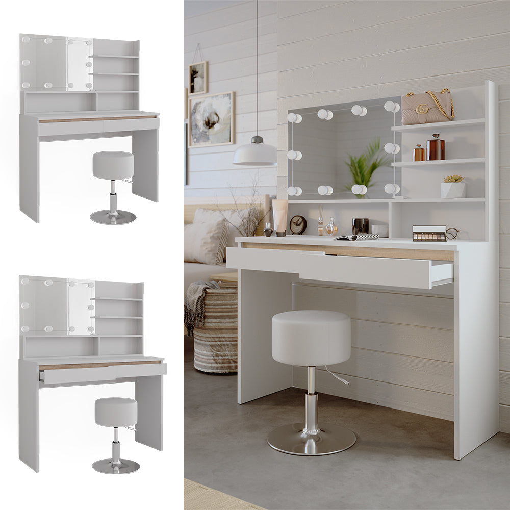 Vicco Tavolino da toilette Bianco 120 cm con ripiano a specchio, sgabello e illuminazione a LED