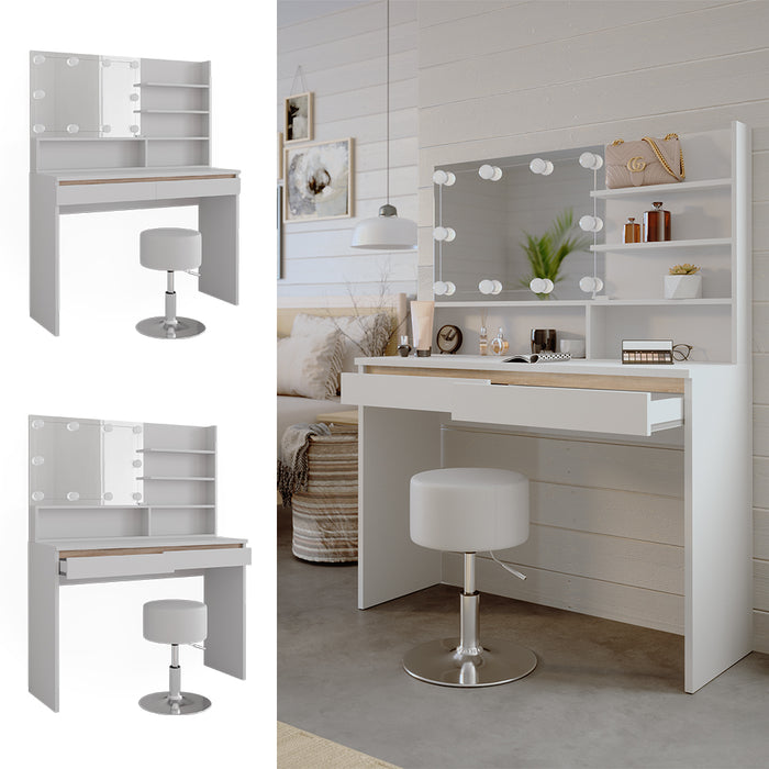 Vicco Tavolino da toilette Bianco 120 cm con ripiano a specchio, sgabello e illuminazione a LED