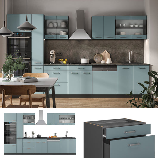 Vicco Cucina componibile Blu-grigio/antracite 350 cm con armadio alto, PL Antracite