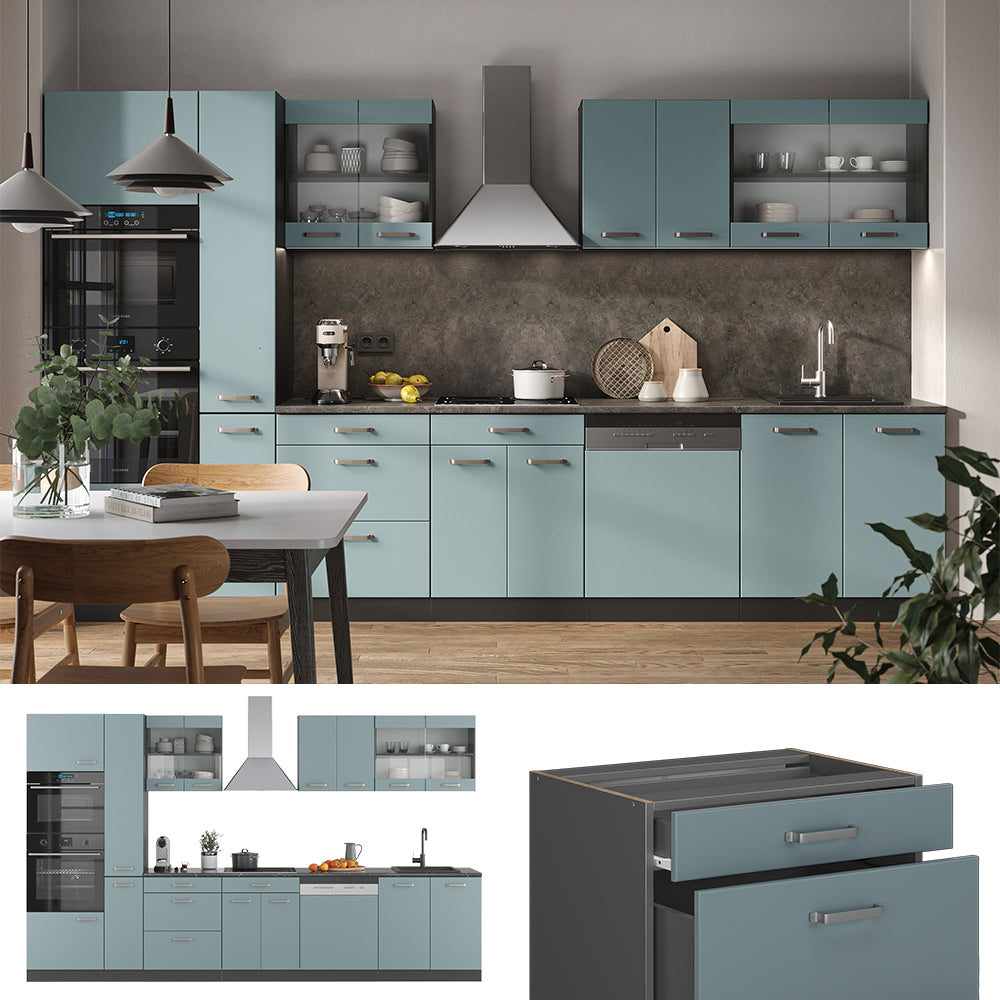Vicco Cucina componibile Blu-grigio/antracite 350 cm con armadio alto, senza piano di lavoro