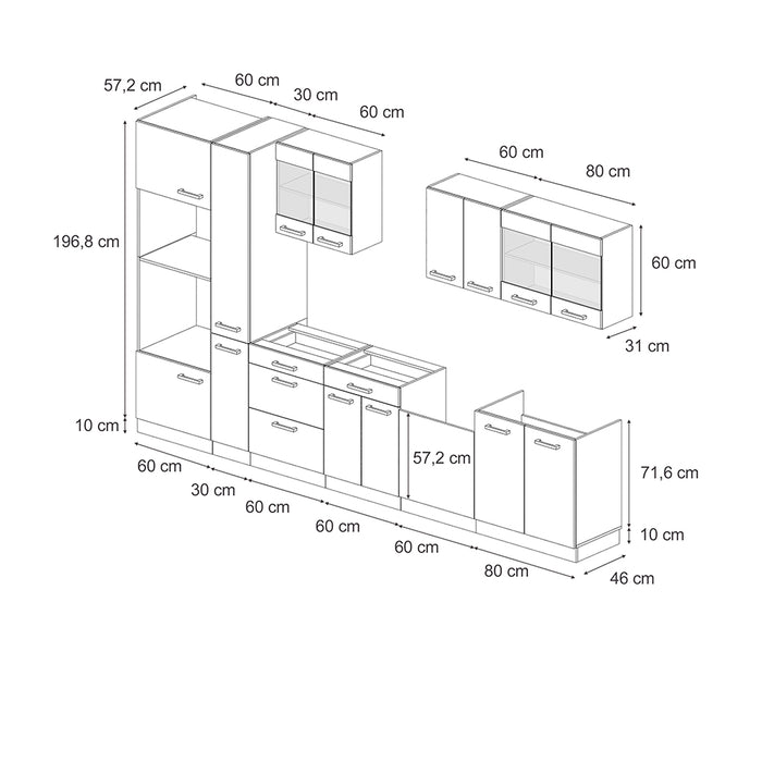 Vicco Cucina componibile Blu-grigio/antracite 350 cm con armadio alto, senza piano di lavoro