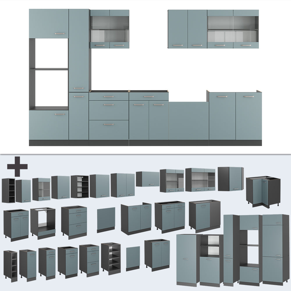 Vicco Cucina componibile Blu-grigio/antracite 350 cm con armadio alto, PL Marmo