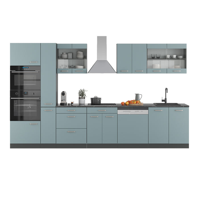 Vicco Cucina componibile Blu-grigio/antracite 350 cm con armadio alto, PL Rovere