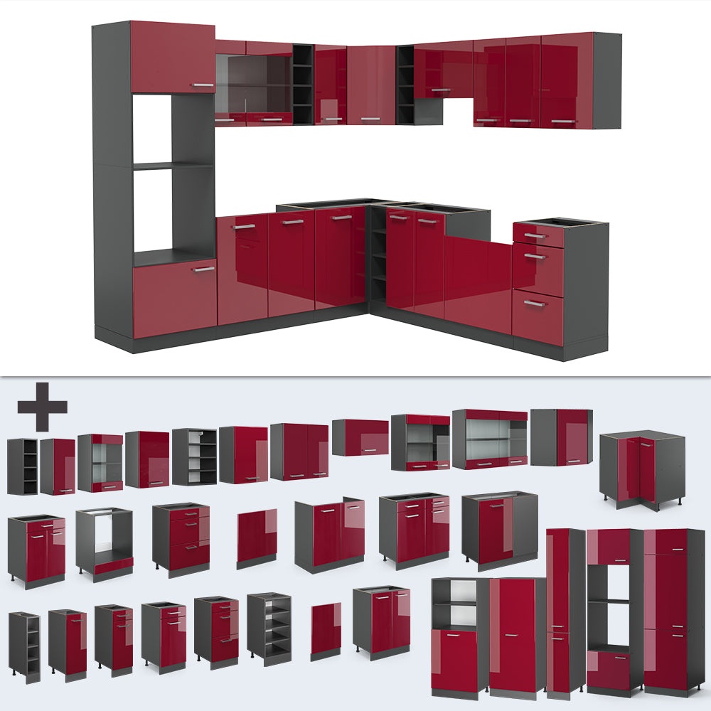 Vicco Cucina angolare completa Rosso lucido/antracite 247 x 60 cm , PL Rovere