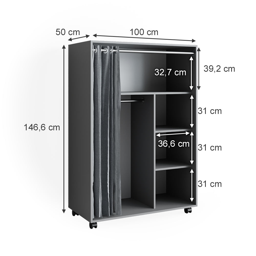 Vicco Armadio multifunzione Grigio 100 x 146.6 cm aperto, su rotelle