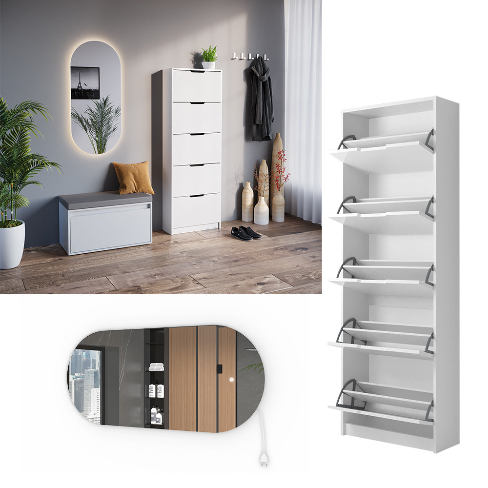 Vicco Scarpiera da ingresso Bianco 2 parti, con specchio LED