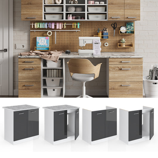 Vicco Base per lavello Antracite lucido 80 cm con ante, con piano di lavoro