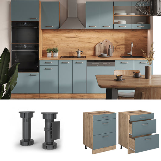 Vicco Mobiletto base per cucina Grigio-blu 60 cm con cassetti, PL Rovere