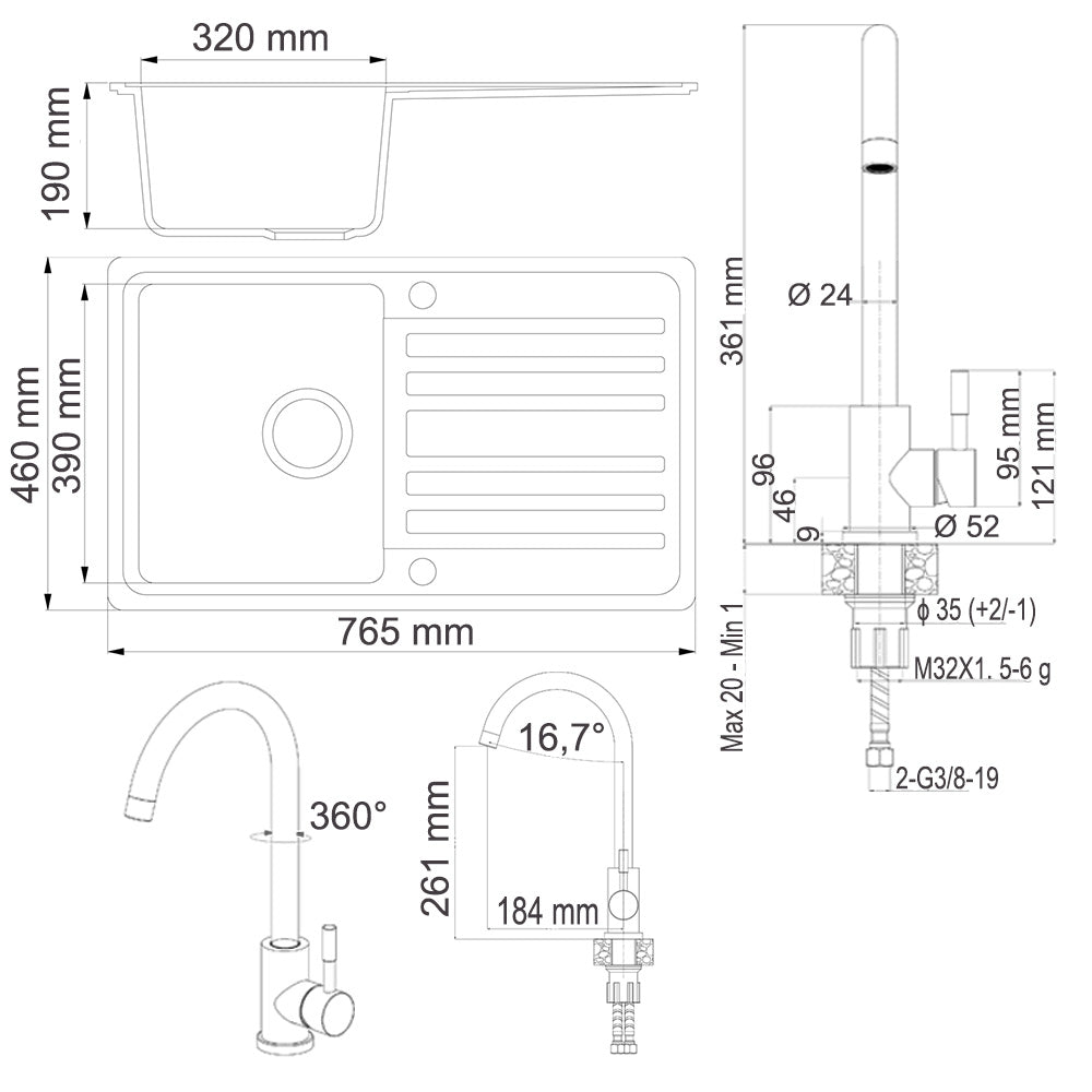 Bergström Lavello Nero 76.5 x 46 cm con raccordo nero