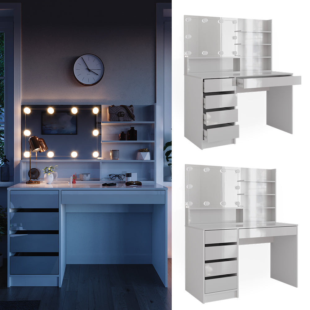 Vicco Tavolo da toeletta Bianco 55 cm con illuminazione a LED e ripiano a specchio