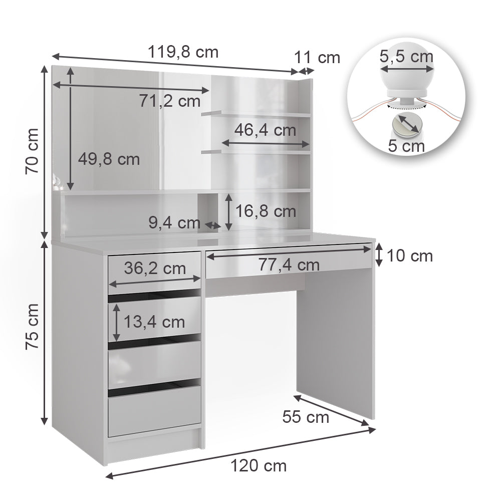 Vicco Tavolo da toeletta Bianco 55 cm con illuminazione a LED e ripiano a specchio