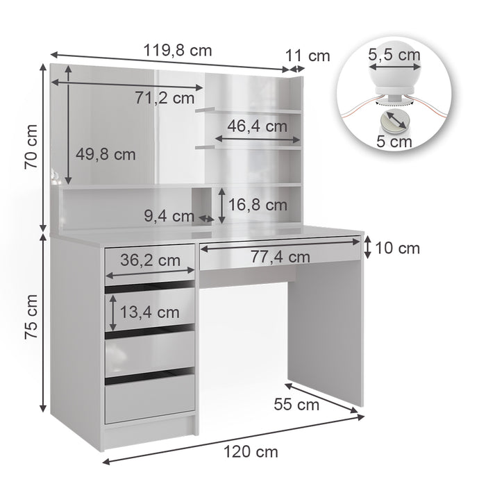 Vicco Tavolo da toeletta Bianco 55 cm con illuminazione a LED e ripiano a specchio