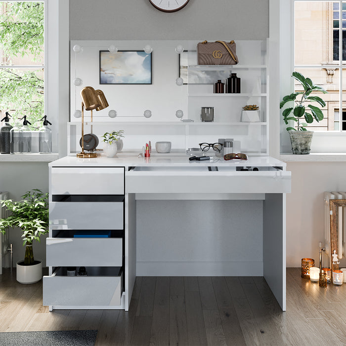 Vicco Tavolo da toeletta Bianco 55 cm con illuminazione a LED e ripiano a specchio