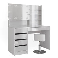 Vicco Tavolo da toeletta Bianco 55 cm con illuminazione a LED, sgabello e ripiano a specchio