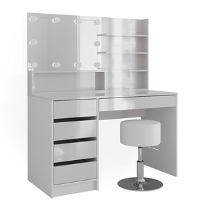 Vicco Tavolo da toeletta Bianco 55 cm con illuminazione a LED, sgabello e ripiano a specchio