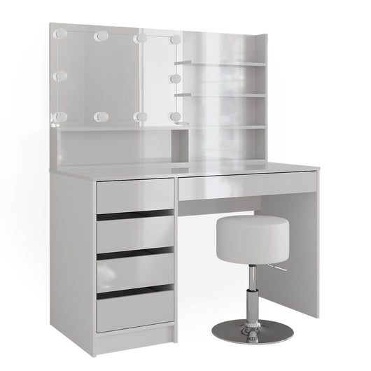 Vicco Tavolo da toeletta Bianco 55 cm con illuminazione a LED, sgabello e ripiano a specchio