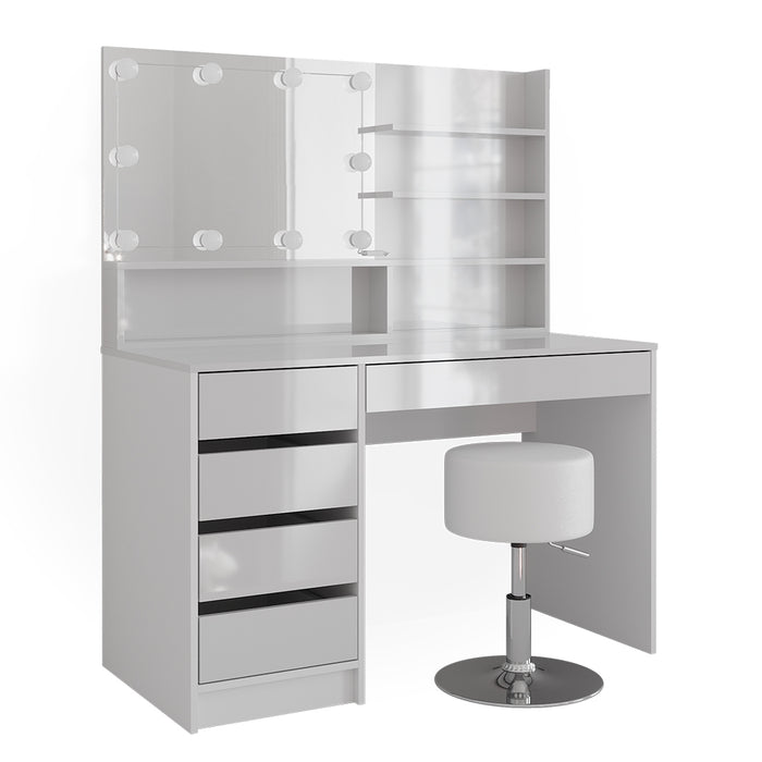 Vicco Tavolo da toeletta Bianco 55 cm con illuminazione a LED, sgabello e ripiano a specchio