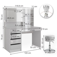 Vicco Tavolo da toeletta Bianco 55 cm con illuminazione a LED, sgabello e ripiano a specchio