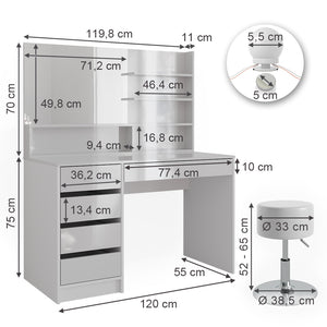 Vicco Tavolo da toeletta Bianco 55 cm con illuminazione a LED, sgabello e ripiano a specchio