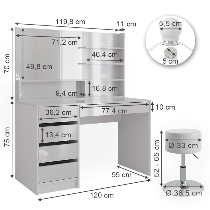 Vicco Tavolo da toeletta Bianco 55 cm con illuminazione a LED, sgabello e ripiano a specchio