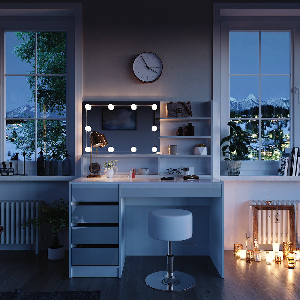 Vicco Tavolo da toeletta Bianco 55 cm con illuminazione a LED, sgabello e ripiano a specchio