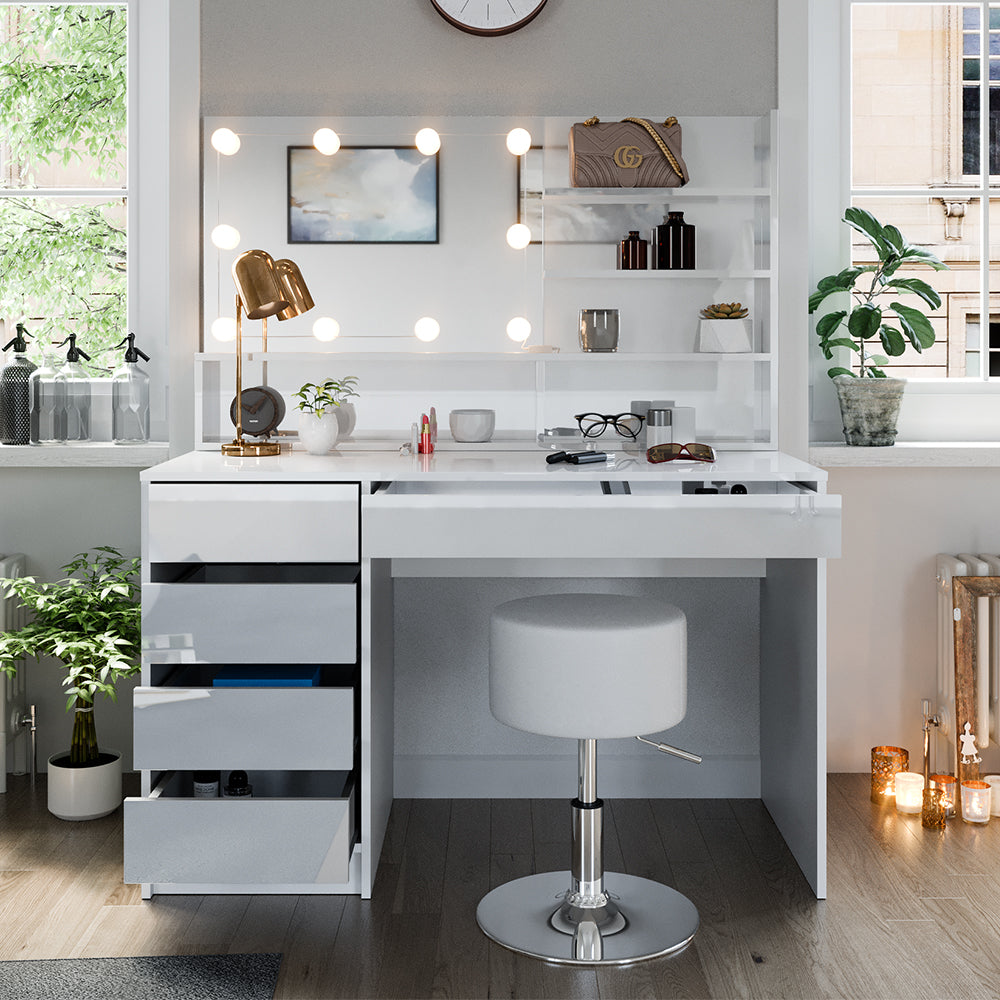 Vicco Tavolo da toeletta Bianco 55 cm con illuminazione a LED, sgabello e ripiano a specchio