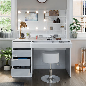 Vicco Tavolo da toeletta Bianco 55 cm con illuminazione a LED, sgabello e ripiano a specchio