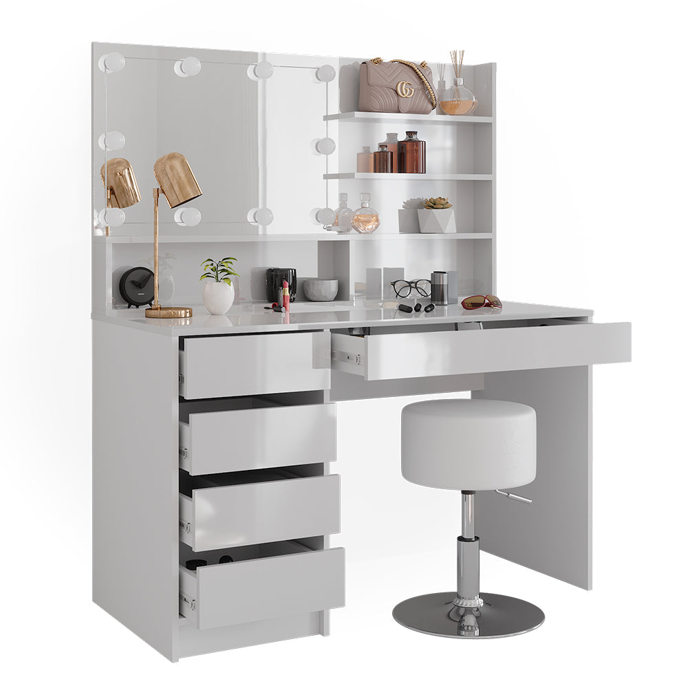 Vicco Tavolo da toeletta Bianco 55 cm con illuminazione a LED, sgabello e ripiano a specchio