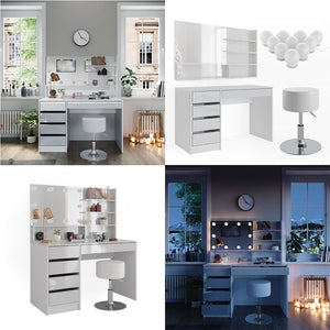 Vicco Tavolo da toeletta Bianco 55 cm con illuminazione a LED, sgabello e ripiano a specchio