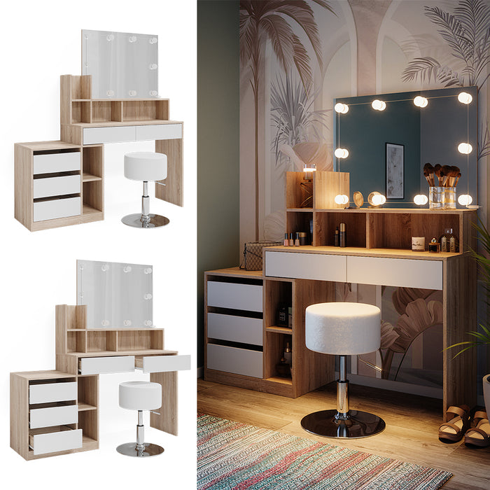 Vicco Tavolo da toilette Bianco/Sonoma 139.8 cm con illuminazione a LED e sgabello