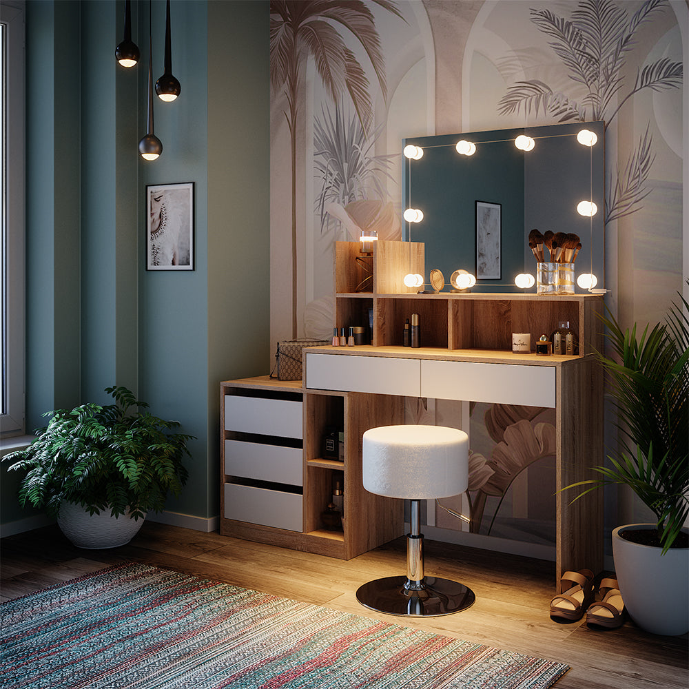 Vicco Tavolo da toilette Bianco/Sonoma 139.8 cm con illuminazione a LED e sgabello