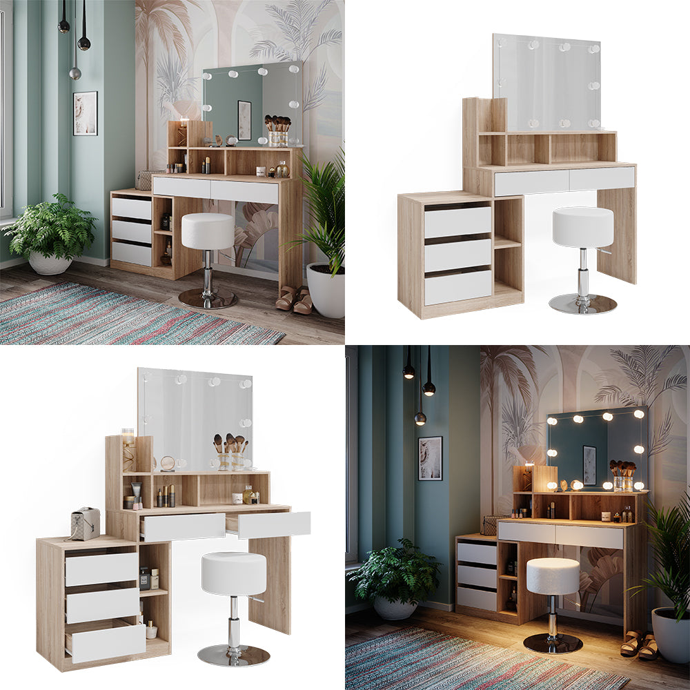 Vicco Tavolo da toilette Bianco/Sonoma 139.8 cm con illuminazione a LED e sgabello